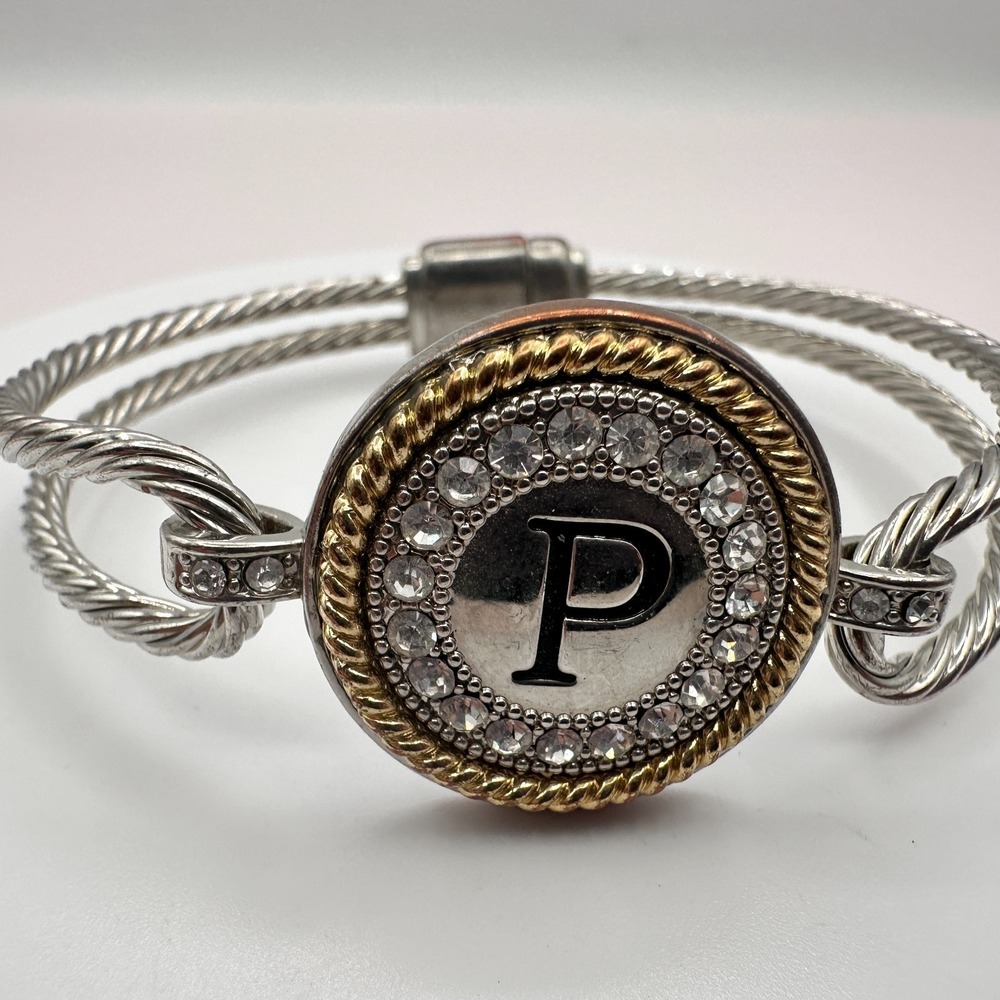 Vintage 90s Silver Tone Initial P Cable Bangle Bracelet Glass Accents Jewelry
